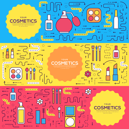 Thin line makeup tools modern illustration concept. Infographic cosmetic equipment for beauty. Icons on isolated white background. Flat vector template design for web and mobile application.のイラスト素材