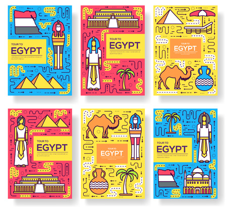Country Egypt travel vacation guidevector brochure card thin line set. thinking the idea linear template of flyear, magazine, posters, book cover, banners. Layout research equipmen outline modern page.のイラスト素材