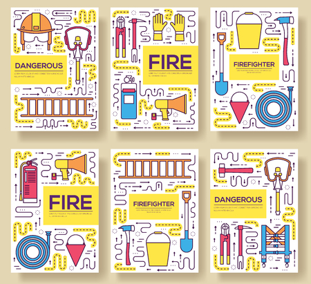 Flat firefighter uniform vector brochure cards thin line set. first help template of flyear, magazines, posters, book cover, banners. Layout  instruments outline illustrations modern pagesのイラスト素材