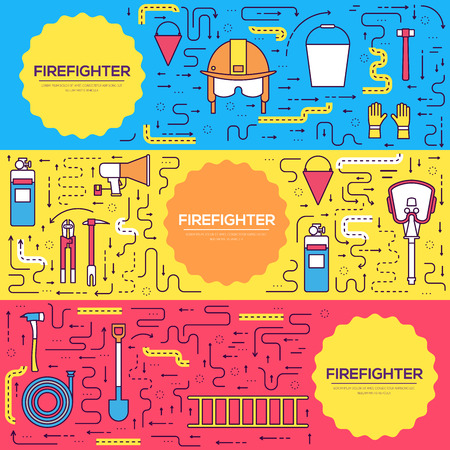 Flat firefighter uniform vector brochure cards thin line set. first help template of flyear, magazines, posters, book cover, banners. Layout  instruments outline illustrations modern pagesのイラスト素材