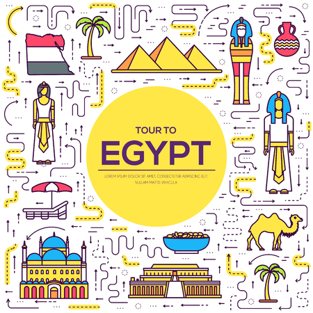 Country Egypt travel vacation guide of goods, places and features. Set of architecture, people, culture, icons background concept. Infographics template design for web and mobile. On thin lines style.のイラスト素材