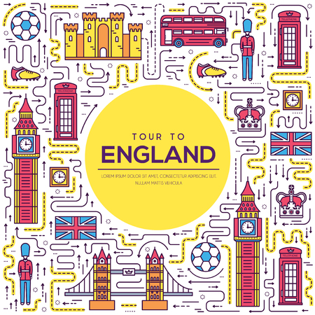 Country England travel vacation guide of goods, place and feature. Set of architecture, fashion, people, item, nature background concept. Infographic traditional ethnic flat, outline, thin line icon.のイラスト素材
