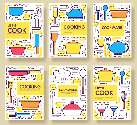 Premium quality cookware vector brochure cards thin line set. Kitchen table linear template of flyear, magazines, posters, book cover, banners. Layout  cooking in house outline modern pages.のイラスト素材