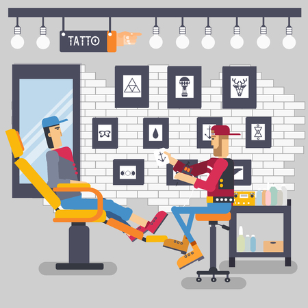 The artist offers the option of a tattoo for client concept vector tattoo shop with people background. Flat retro style with typography text design concept illustration .のイラスト素材