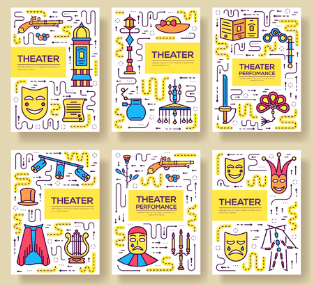 Premium quality theater vector brochure cards thin line set. Festival masquerade linear template of flyer, magazines, posters, book cover, banners. Layout equipment outline illustrations modern pages.のイラスト素材