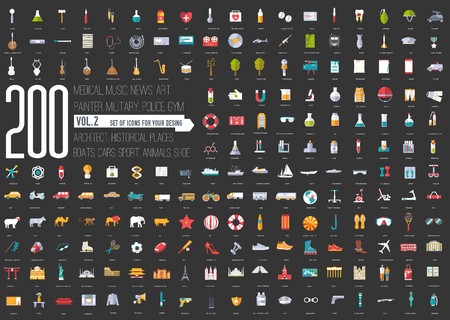 Flat big collection set icons of medical, army, war, shoe, nature, news, draw, police, rafting, room, science, boat, sport, gym, car, animal, summer, tool, country.のイラスト素材