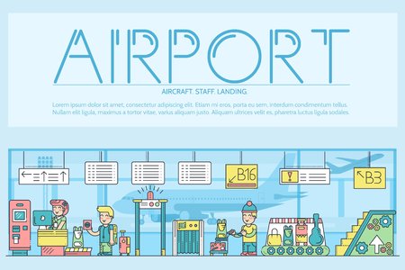 Staff working and registering people and luggage in the airport design. Registration line vector illustration conceptのイラスト素材