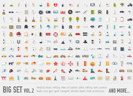 Flat big collection set icons of medical, army, war, shoe, nature, news, draw, police for infographic illustration.のイラスト素材