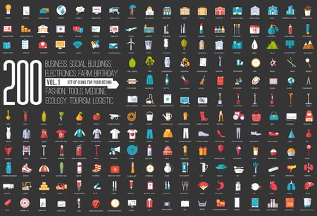 Flat big collection set icon of medical, invent, eco, architect, ranch, equipment, tool, tourism, travel, template, web, office, training, element, city, startup. For infographic illustration.のイラスト素材