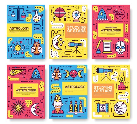 Astrology thin line brochure cards set. Colorful template of flyer, magazines, posters, book cover, banners. Studying of stars outline invitation concept background. Layout quality modern pages.のイラスト素材