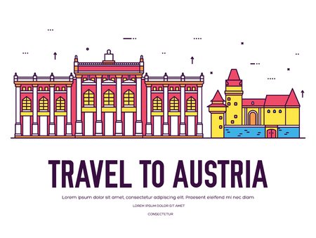 Country Austria travel vacation of place and feature. Set of architecture, item, nature background concept. Infographic traditional ethnic flat, outline, thin line icon.のイラスト素材