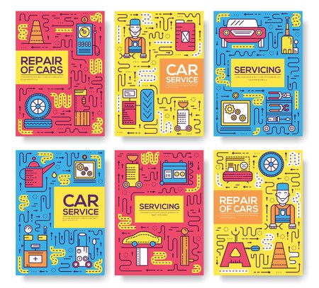 auto service landscape concept. Thin line icons with flat background design. Worker mechanic repair a car on the garage. Vehicle station with workshop toolsのイラスト素材