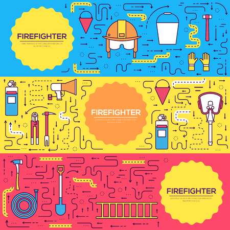Flat firefighter uniform vector brochure cards thin line set. First help template of flyer, magazines, posters, book cover, banners. Layout instruments outline illustrations modern pages.のイラスト素材