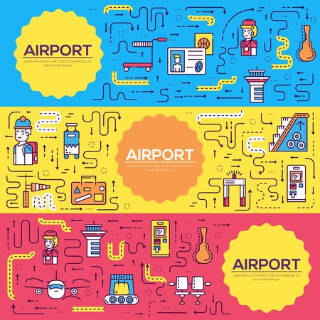 Thin line staff working and registering people brochure cards set.  luggage in the airport template of flyear, magazines, poster, book cover, banners. Outline registration line  invitation concept.のイラスト素材