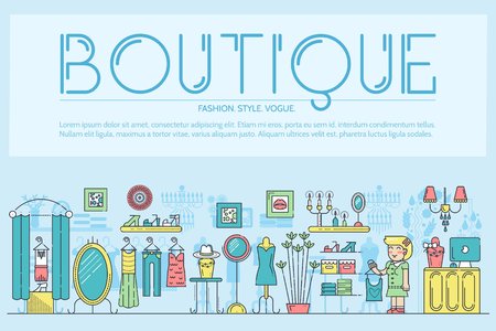 Flat seller standing in boutique with different stylish fashionable clothes.  Fashionable clothes in boutique vector illustrator vector concept.のイラスト素材