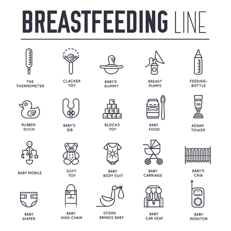 World thin line breastfeeding week and kids elements flat icon set concept. Child outline illustrations design.のイラスト素材