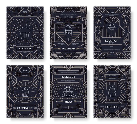 happy birtday party thin line brochure cards set.  Candy way  template of flyear, magazines, posters, book cover, banners. Ñake outline invitation concept background. Layout quality modern pages.のイラスト素材