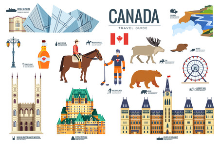 Country Canada travel vacation guide of goods, places and features. Set of architecture, fashion, people, items, nature background concept. Infographic template design for web and mobile on flat styleのイラスト素材