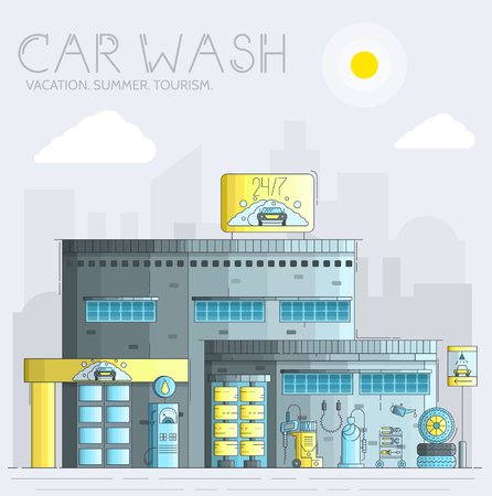 Thin line 24 7 working car wash with different equipment tool concept. Flat outline car wash service building place. Vector illustration design iconのイラスト素材