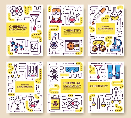 Premium quality scientific  vector brochure cards thin line set. thinking the idea linear template of flyear, magazines, posters, book cover, banners. Layout research equipment outline modern pagesのイラスト素材