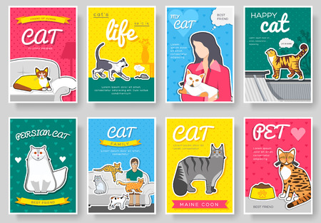 breed cats thin line brochure cards set. Animal traditional template of flyer, magazines, posters, book cover, banners. kitten outline invitation concept background. Layout quality modernのイラスト素材