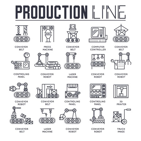 Production outline icons collection set. Industry linear symbol pack. Modern template of thin line icons, logo, symbols, pictogram and flat illustrationsのイラスト素材