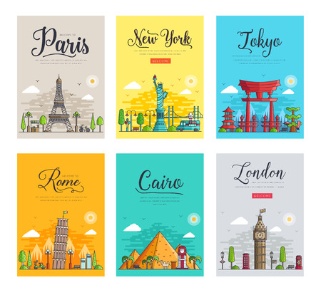 Set of thin lines different cities for travel destinations. Landmarks banner template of flyer, magazines, posters, book cover, banners. Layout workplace technology outline vector illustrations modernのイラスト素材