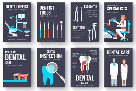 Dental office interior information cards set. Hygiene template of flyear, magazines, posters, book cover, banners. Clinic infographic concept background. Layout dentistry illustrations modern pagesのイラスト素材