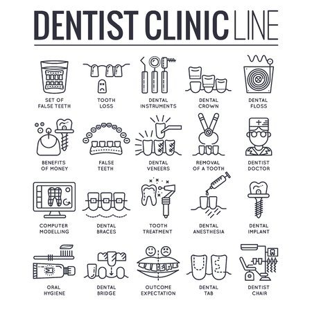 Thin line dentist clinic concept icon set. Flat outline dent instruments vector illustration concept designのイラスト素材