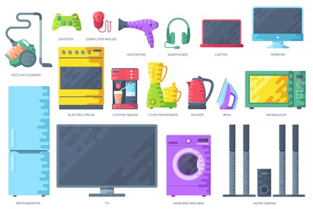 Home electronics appliances  infographics template concept. Icons design for your product or design, web and mobile applications. Vector flat with long shadow illustration on blue backgroundのイラスト素材