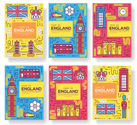 England vector brochure cards thin line set. Country travel template of flyear, magazines, posters, book cover, banners. Layout culture monument outline illustrations modern pagesのイラスト素材