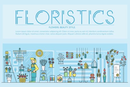 Woman outline decorator standing and working in beautiful flowers store.  Thin line floristic shop vector illustration concept design.のイラスト素材