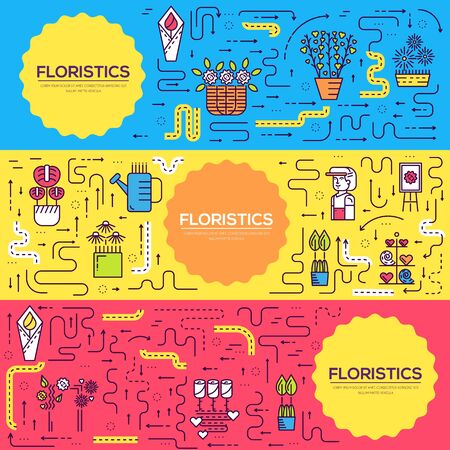 Colorful floristics poster with floral line icons illustrationのイラスト素材