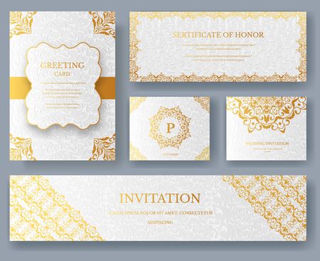 Set of invitation card templates with gold designsのイラスト素材
