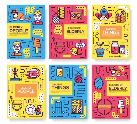 Set of thin line Grannys day pattern concept. Art  old character people, magazine, book, poster, abstract, banners, element. Vector adult  outline package greeting card or invitation brochure designのイラスト素材