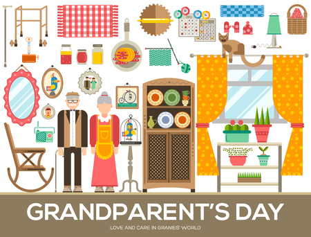 Grannys day icons design illustration set. Flat old character people and adult items background concept. Vector elderly grandmother and grandfather のイラスト素材