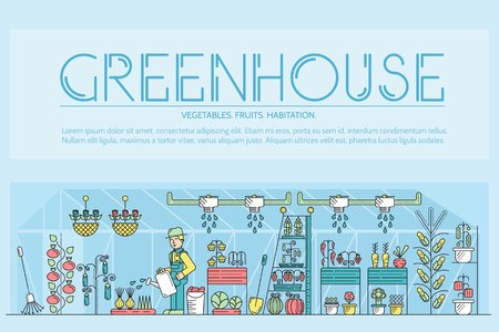 Greenhouse poster with a gardener watering plants in a greenhouseのイラスト素材