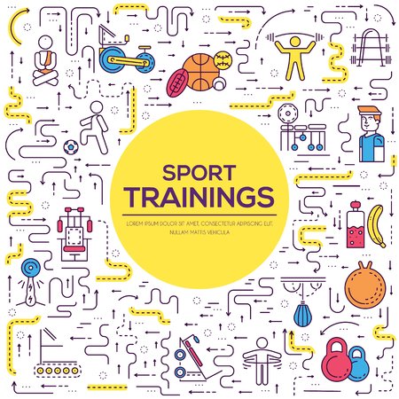 Thin line sporty men doing exercises brochure card set. Working out in gymnasium template of flyear, magazines, poster, book cover, banners. Outline people working out in sport gym invitationのイラスト素材