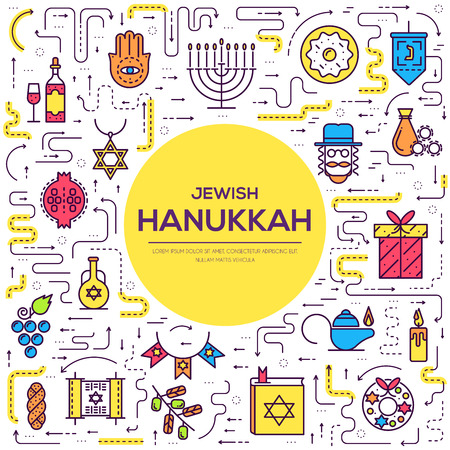 Happy hanukkah day thin line illustration background. Outline icons elements for holiday. Vector object jewish traditional on religion celebration. Israel greeting designのイラスト素材