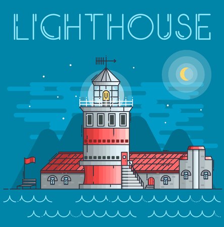 Thin line building of lighthouse glowing at night at the ocean concept.  Flat outline vector illustration design.のイラスト素材