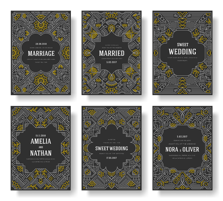 Thin line art set. Outline template of flyer, magazines, posters, book cover, banners. Hipster Decorative retro greeting card or invitation design. Layout illustrations modern pages. Vector illustration.のイラスト素材