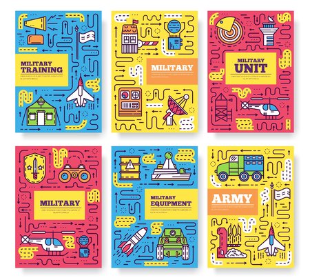 Thin line different rocket weapons brochure card set.のイラスト素材