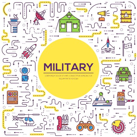 Thin line set of different rocket weapons and vehicles on military base concept.のイラスト素材