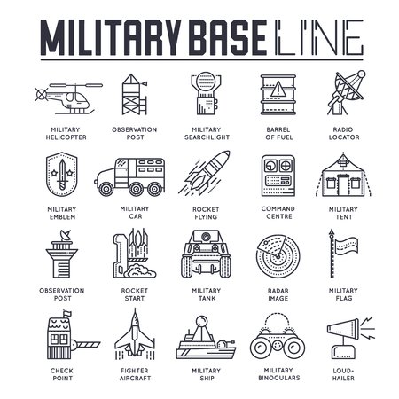 Military base line poster with a set of different rocket weapons and vehiclesのイラスト素材