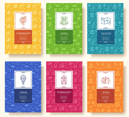 Set of linear travel style concept. Journey element on poster, book, layout abstract, magazines, brochure. Vector thin line vacation tour greeting card or invitation design background illustrationのイラスト素材