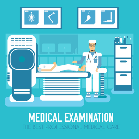 Medical diagnostic room vector illustration. Visit to the doctor in medicine office in hospital for medical examination background. Flat style design iconのイラスト素材