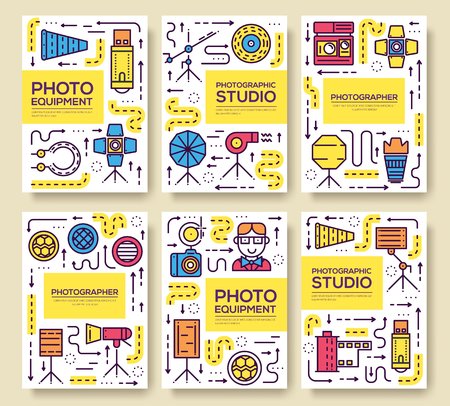 Thin line Equipment of the photographer brochure cards set. Photo studio items template of flyear, magazine, poster, book cover, banners.  Camera invitation concept background. Outline Layout のイラスト素材