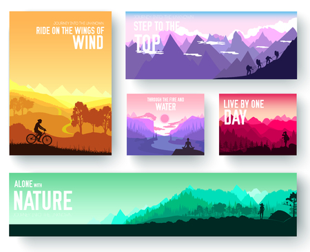 Sports rest day vector brochure cards set.  Tourism on nature template of flyer, magazines, poster, book cover, banners. Active lifestyle invitation concept background. Layout illustration modern のイラスト素材