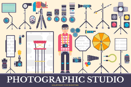 Equipment of the photographer icons design illustration set. Flat photo studio items concept vector camera, lenses and other staff background.のイラスト素材