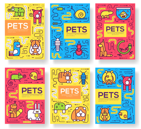 Animal vector brochure cards thin line set. Cute home pets template of flyer, magazines, posters, book cover, banners. Layout domestic wildlife outline illustrations modern pages.のイラスト素材
